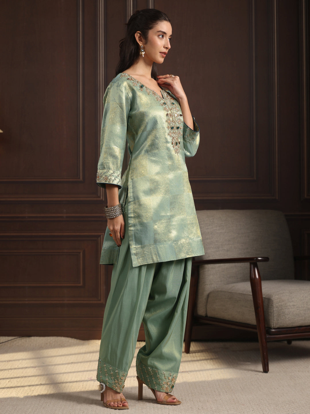  Libas Art Green Yoke Design Embellished Tissue Farshi Salwar Suit 
