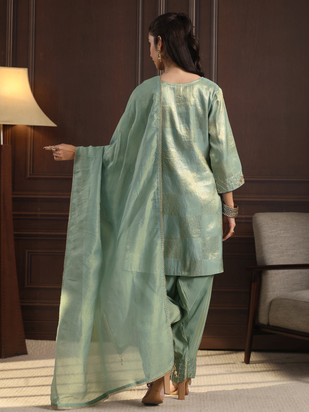  Libas Art Green Yoke Design Embellished Tissue Farshi Salwar Suit 