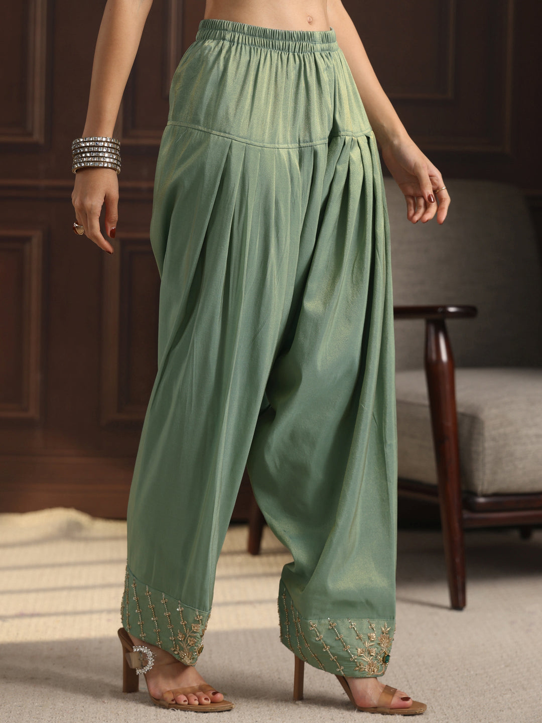  Libas Art Green Yoke Design Embellished Tissue Farshi Salwar Suit 