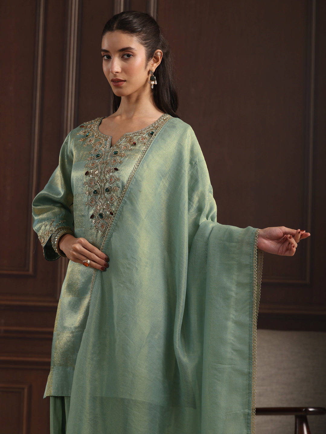  Libas Art Green Yoke Design Embellished Tissue Farshi Salwar Suit 