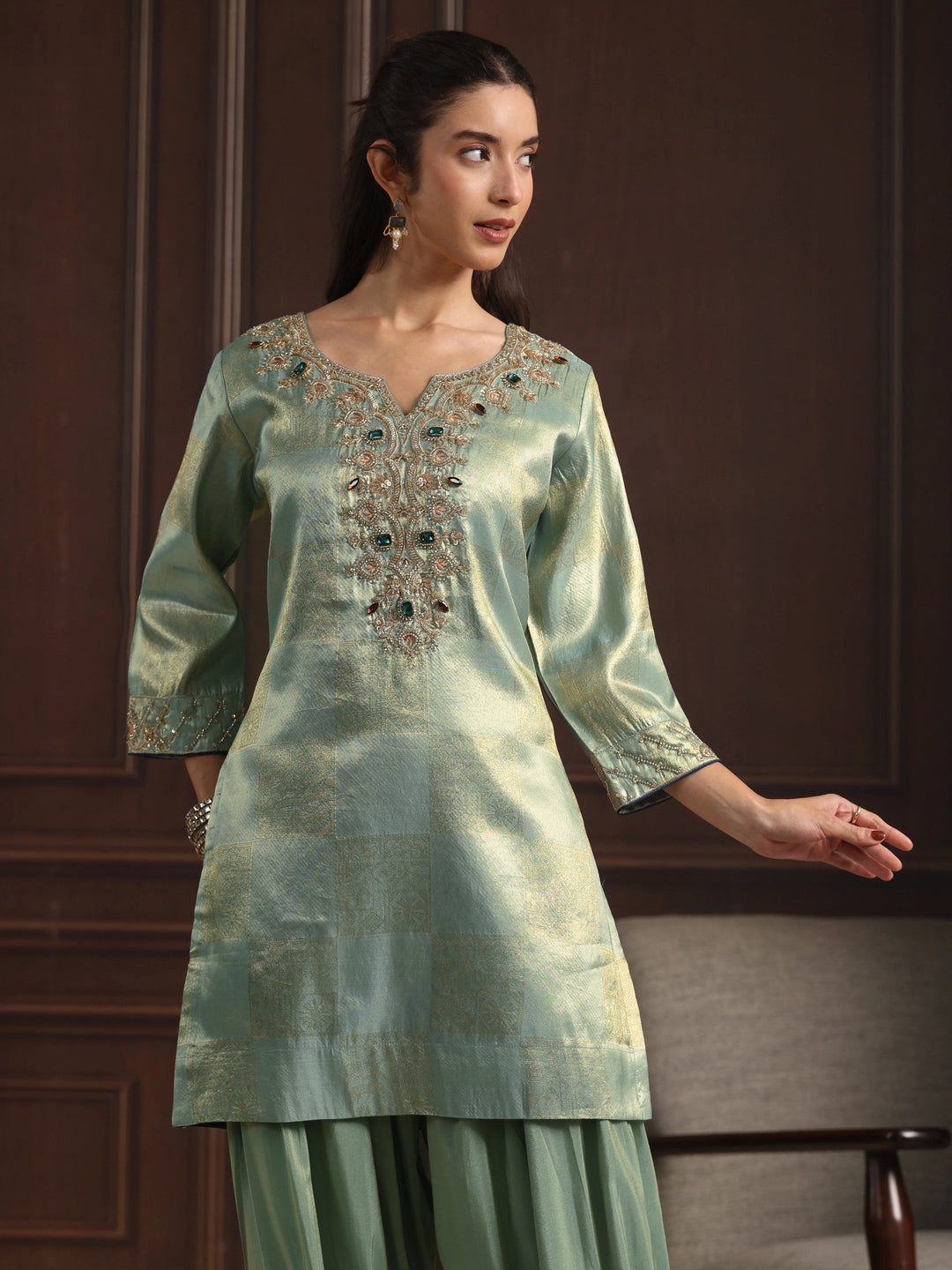  Libas Art Green Yoke Design Embellished Tissue Farshi Salwar Suit 