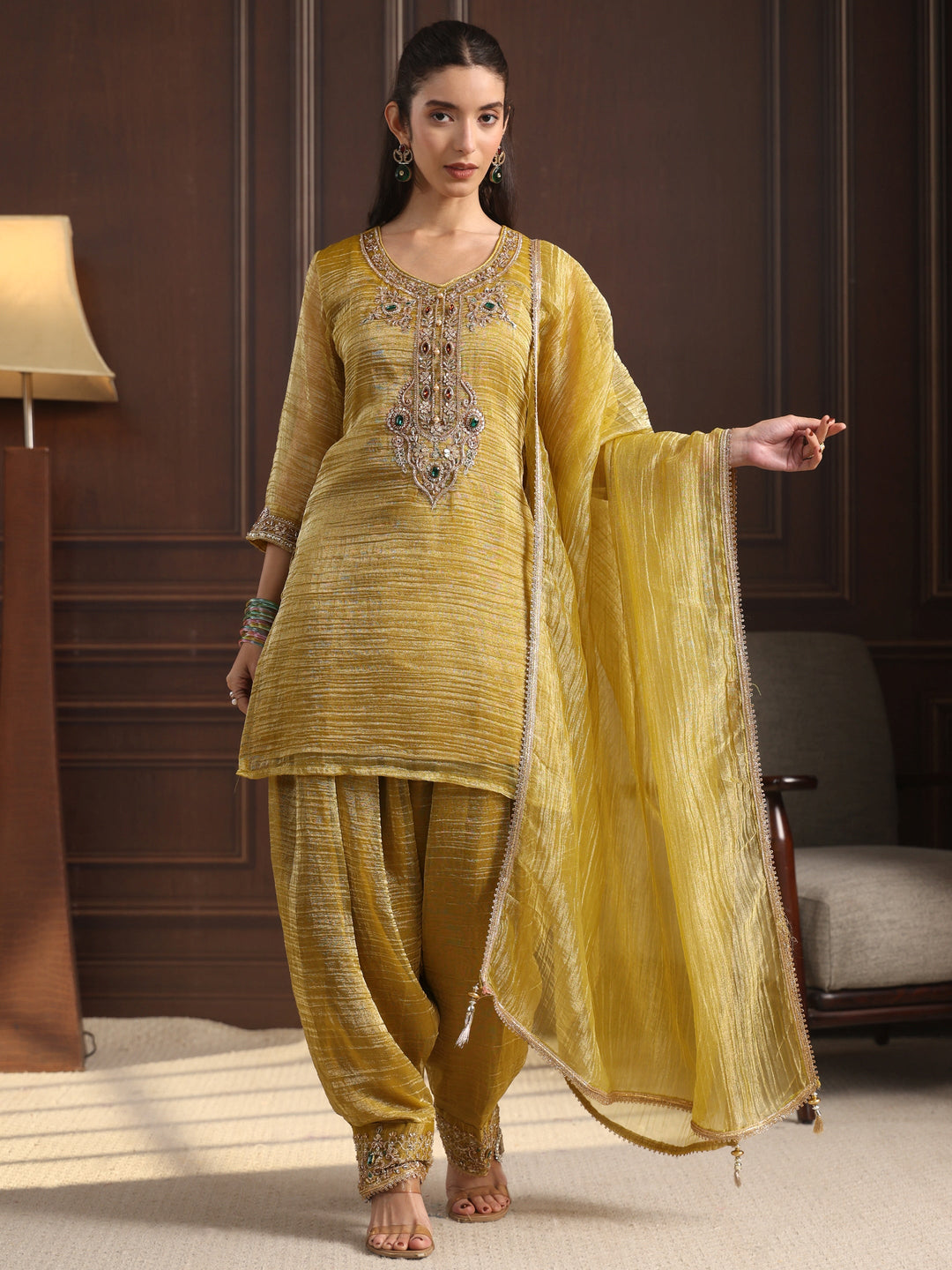  Libas Art Mustard Yoke Design Embellished Tissue Farshi Salwar Suit 