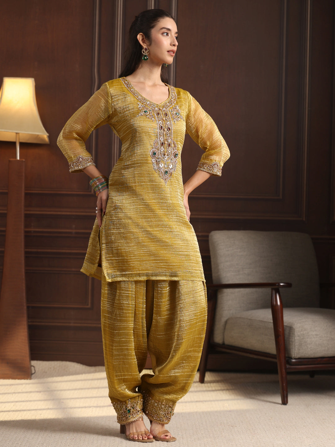  Libas Art Mustard Yoke Design Embellished Tissue Farshi Salwar Suit 