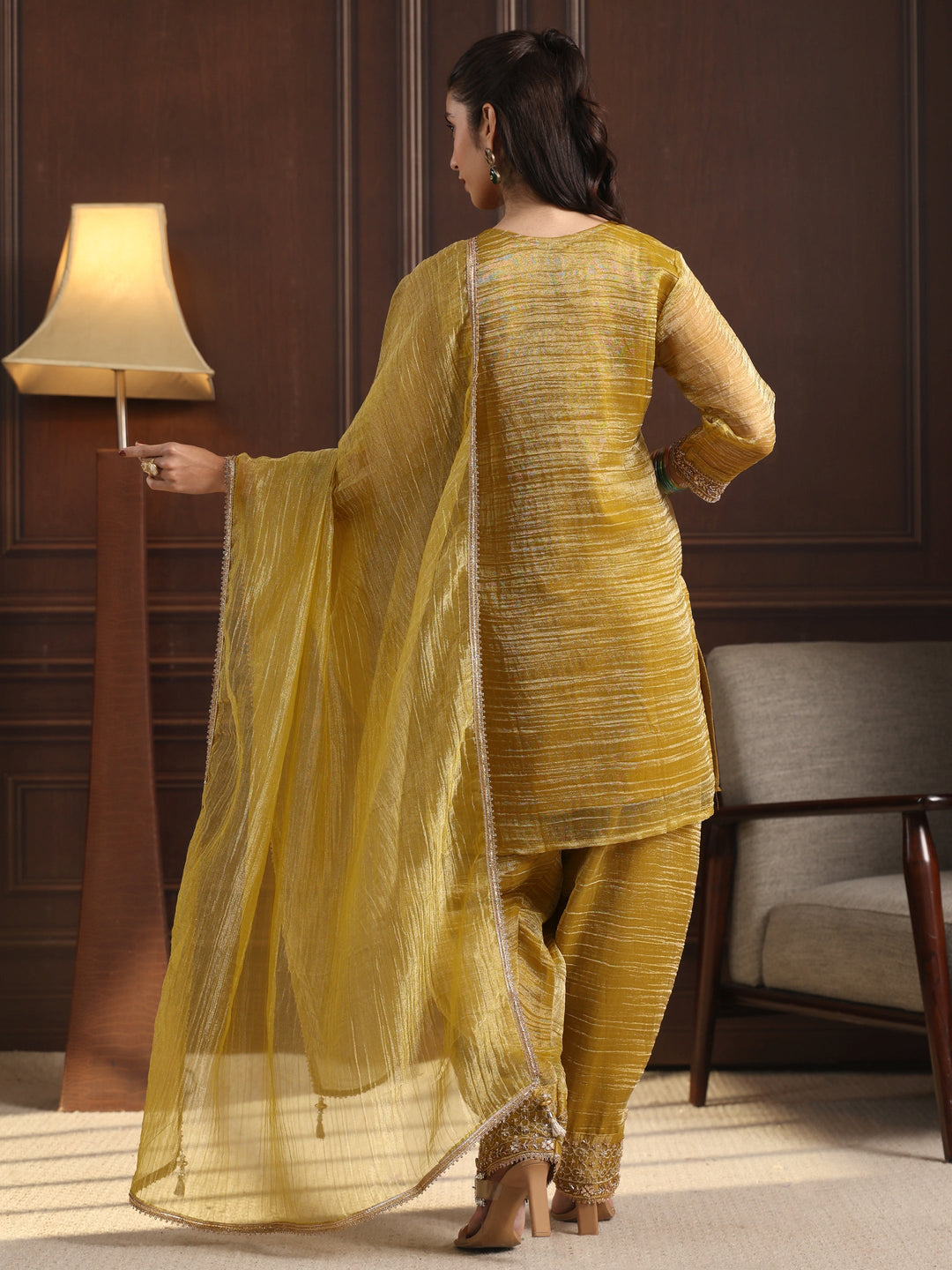  Libas Art Mustard Yoke Design Embellished Tissue Farshi Salwar Suit 