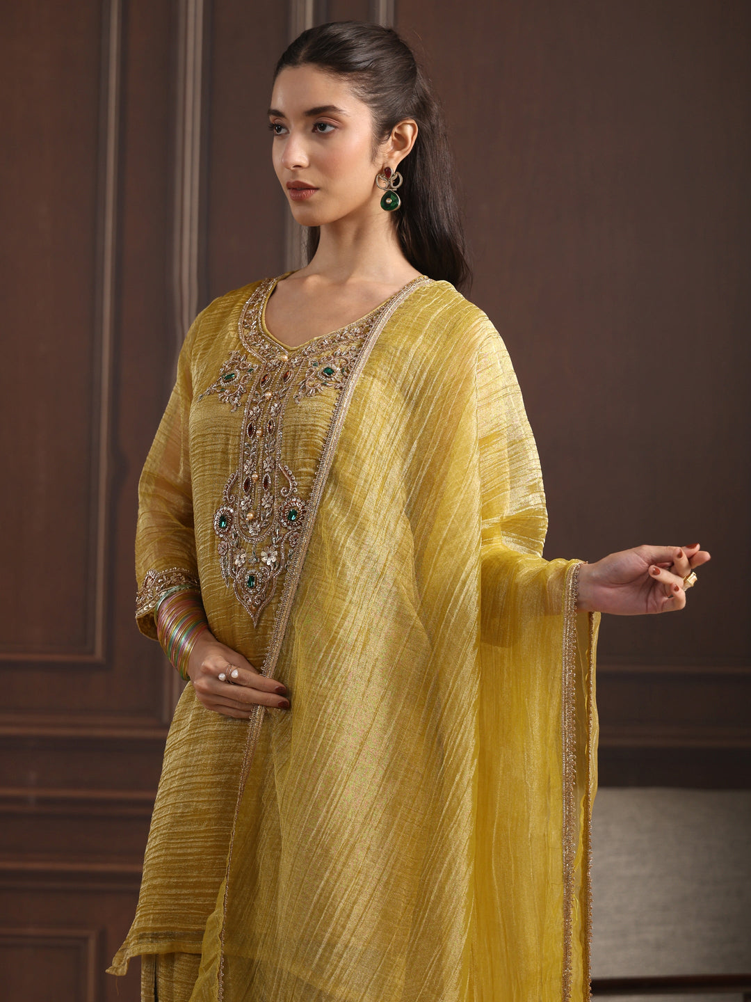  Libas Art Mustard Yoke Design Embellished Tissue Farshi Salwar Suit 