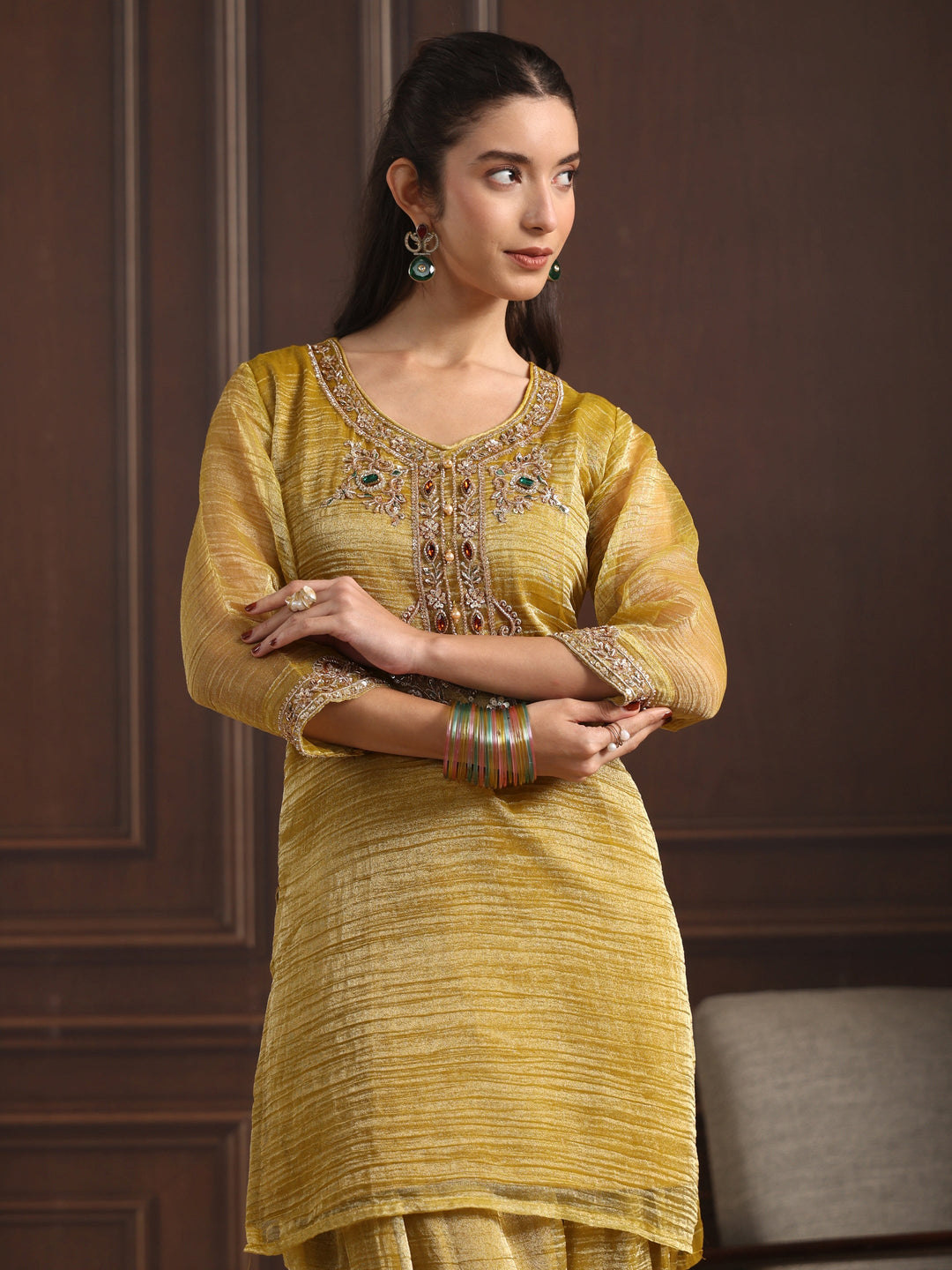  Libas Art Mustard Yoke Design Embellished Tissue Farshi Salwar Suit 