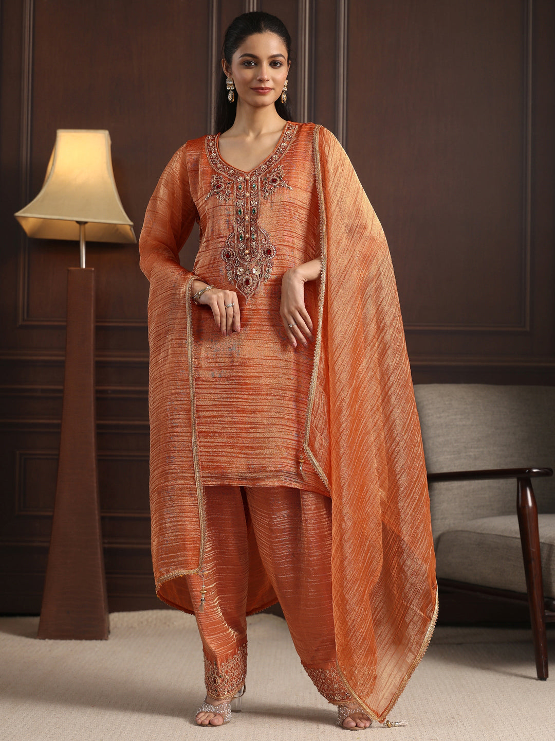  Libas Art Rust Red Yoke Design Embellished Tissue Farshi Salwar Suit 