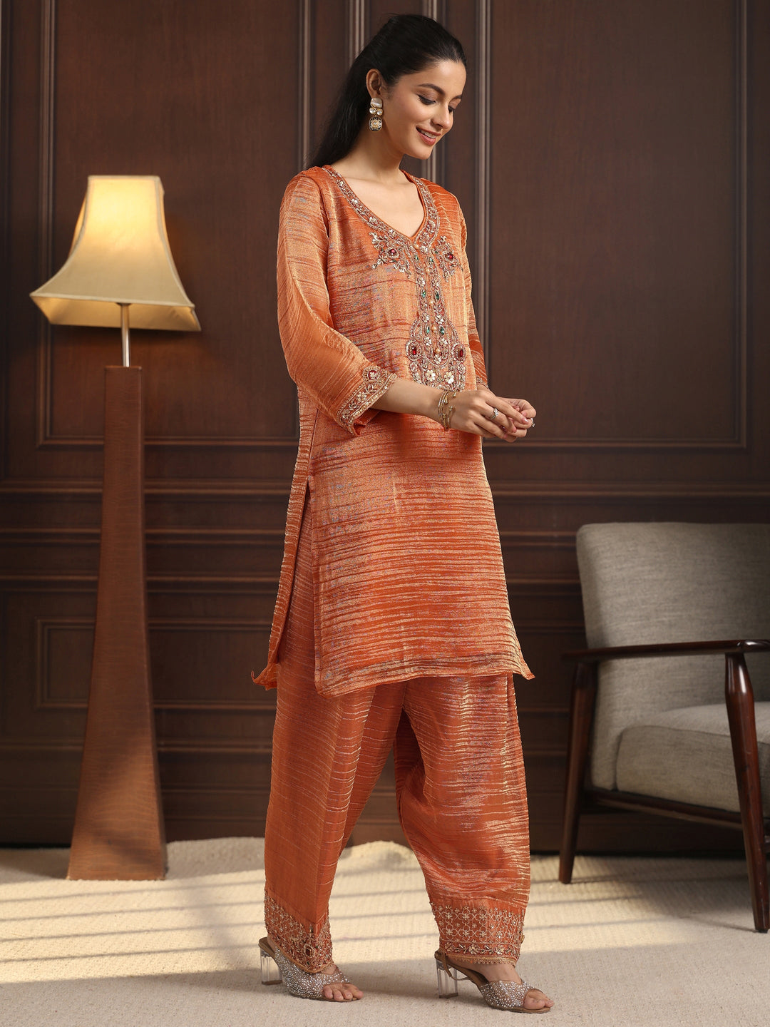  Libas Art Rust Red Yoke Design Embellished Tissue Farshi Salwar Suit 