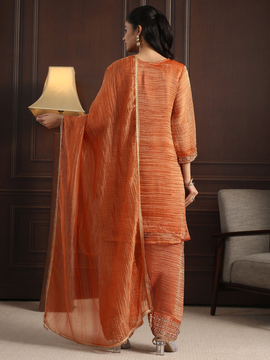  Libas Art Rust Red Yoke Design Embellished Tissue Farshi Salwar Suit 