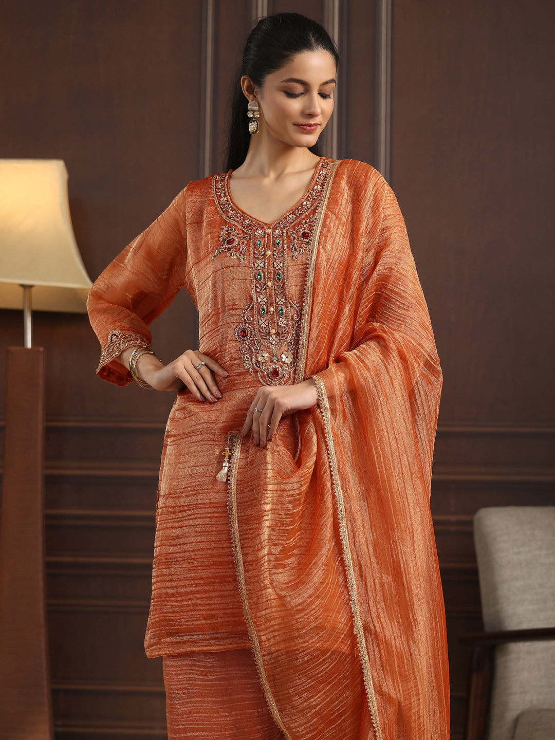  Libas Art Rust Red Yoke Design Embellished Tissue Farshi Salwar Suit 