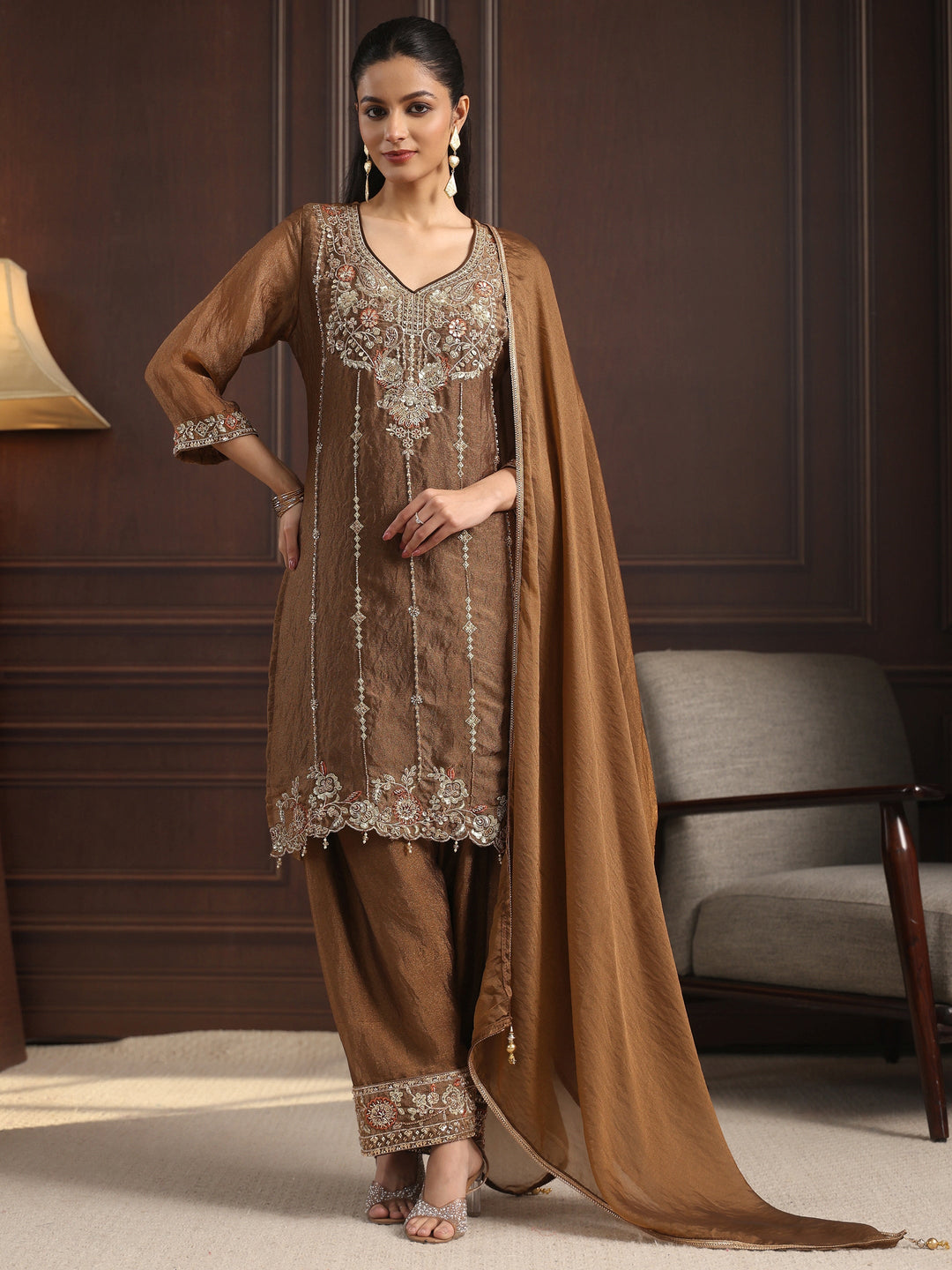  Libas Art Brown Floral Embellished Tissue Farshi Salwar Suit 