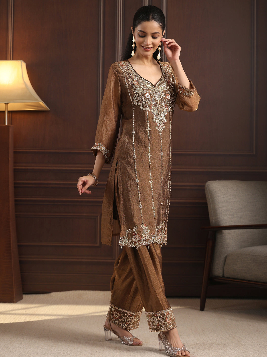  Libas Art Brown Floral Embellished Tissue Farshi Salwar Suit 