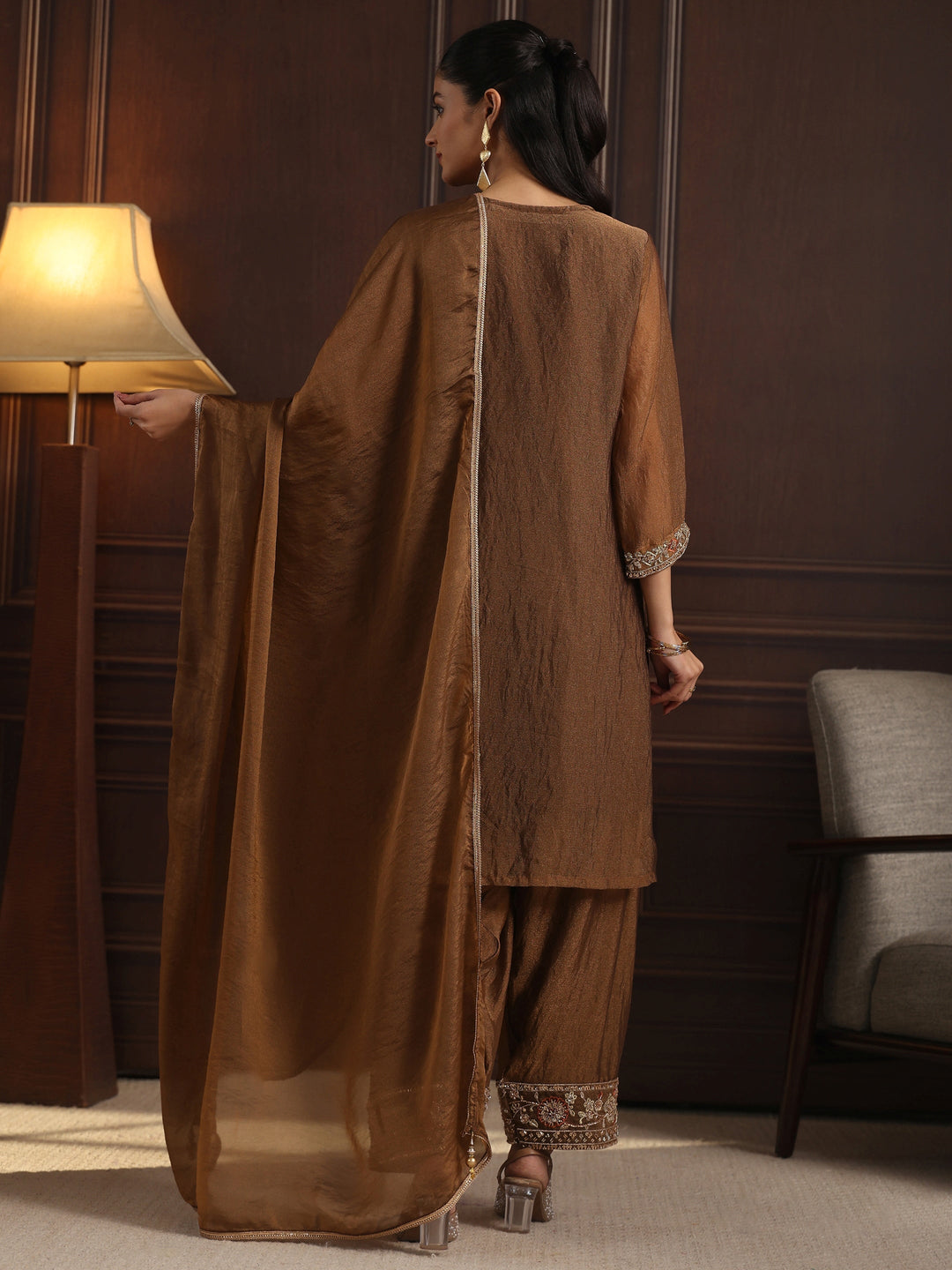  Libas Art Brown Floral Embellished Tissue Farshi Salwar Suit 