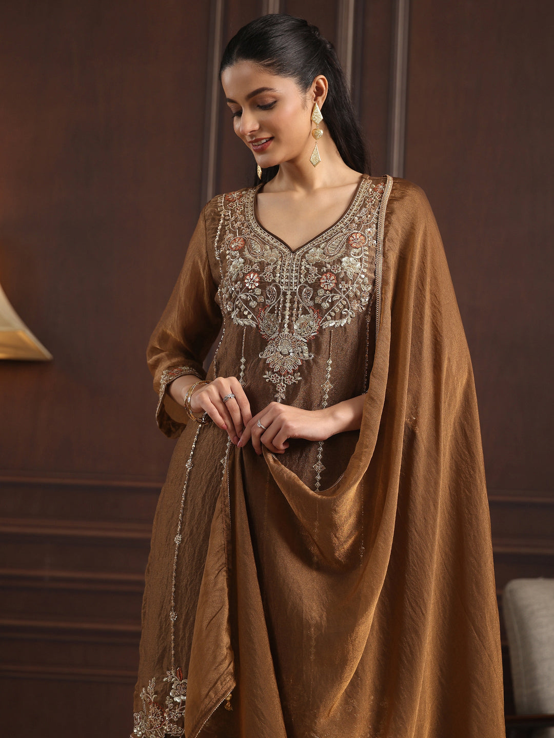  Libas Art Brown Floral Embellished Tissue Farshi Salwar Suit 