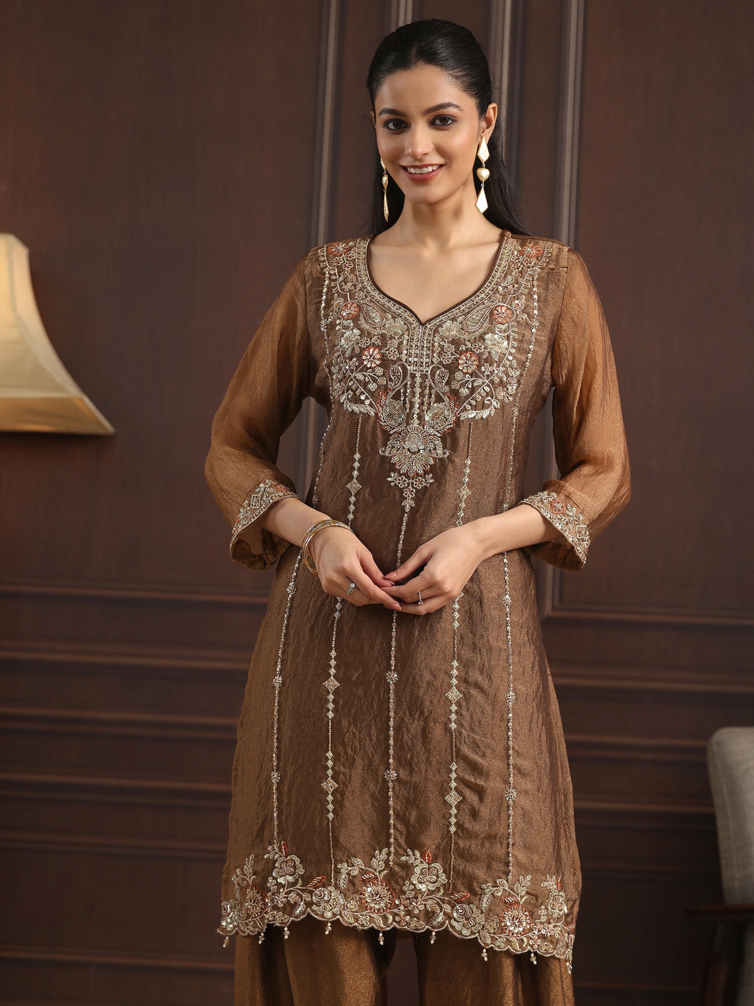  Libas Art Brown Floral Embellished Tissue Farshi Salwar Suit 