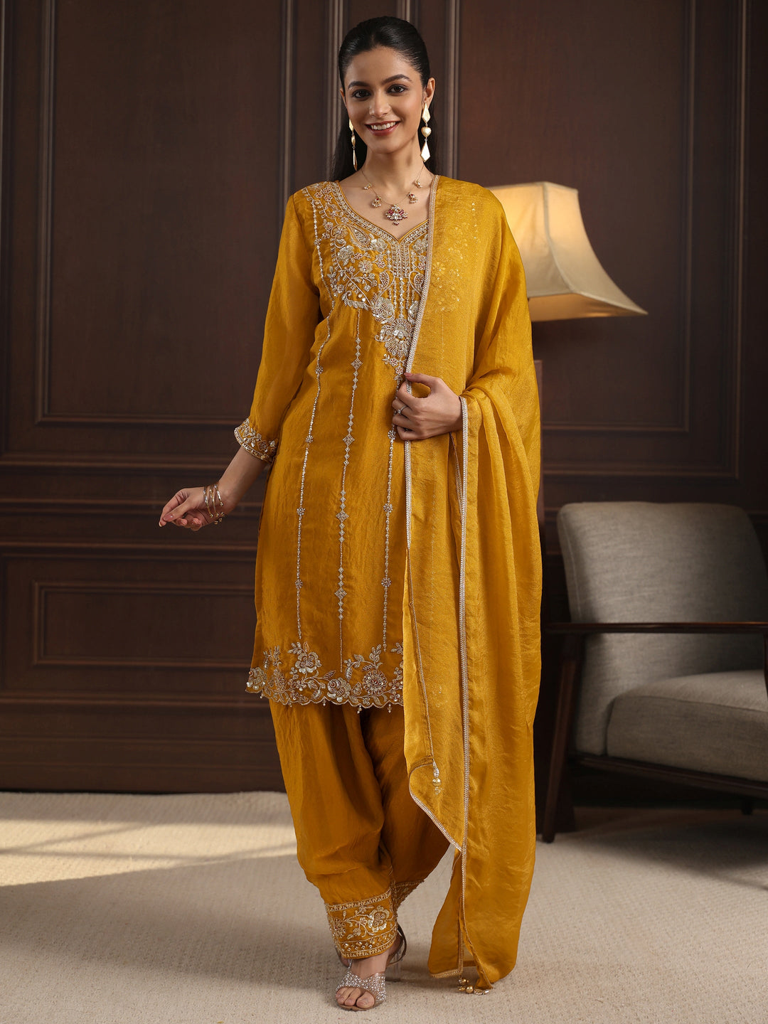  Libas Art Mustard Floral Embellished Tissue Farshi Salwar Suit 