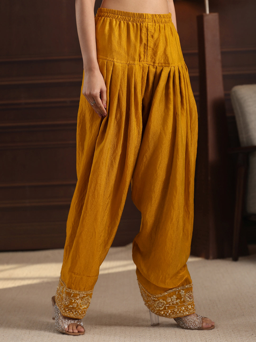  Libas Art Mustard Floral Embellished Tissue Farshi Salwar Suit 