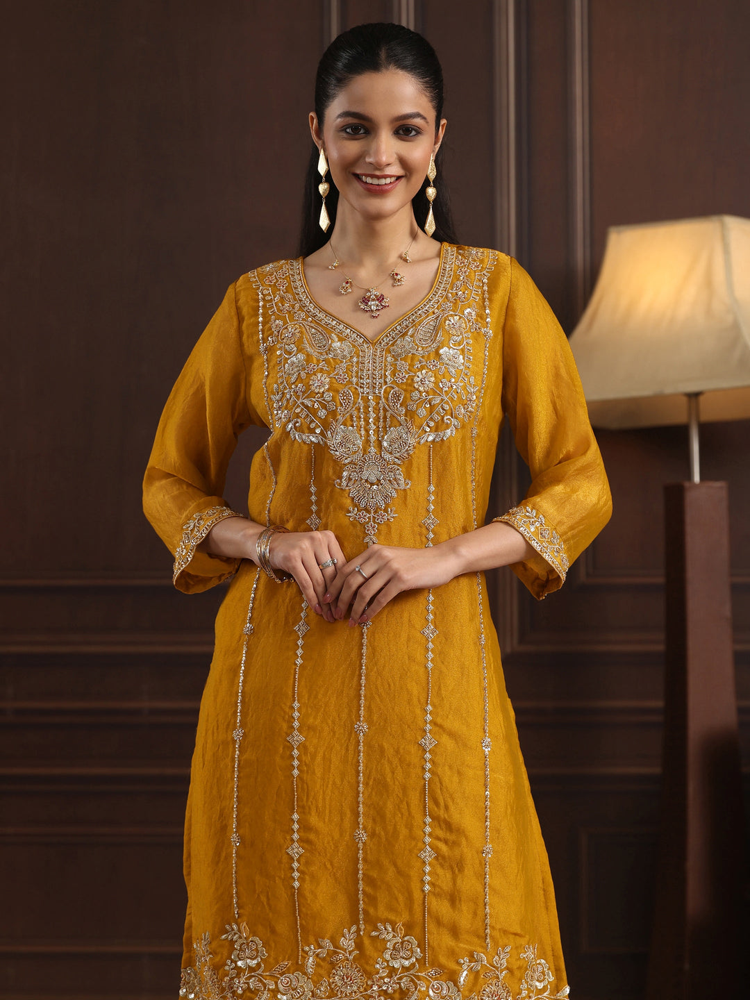 Libas Art Mustard Floral Embellished Tissue Farshi Salwar Suit 