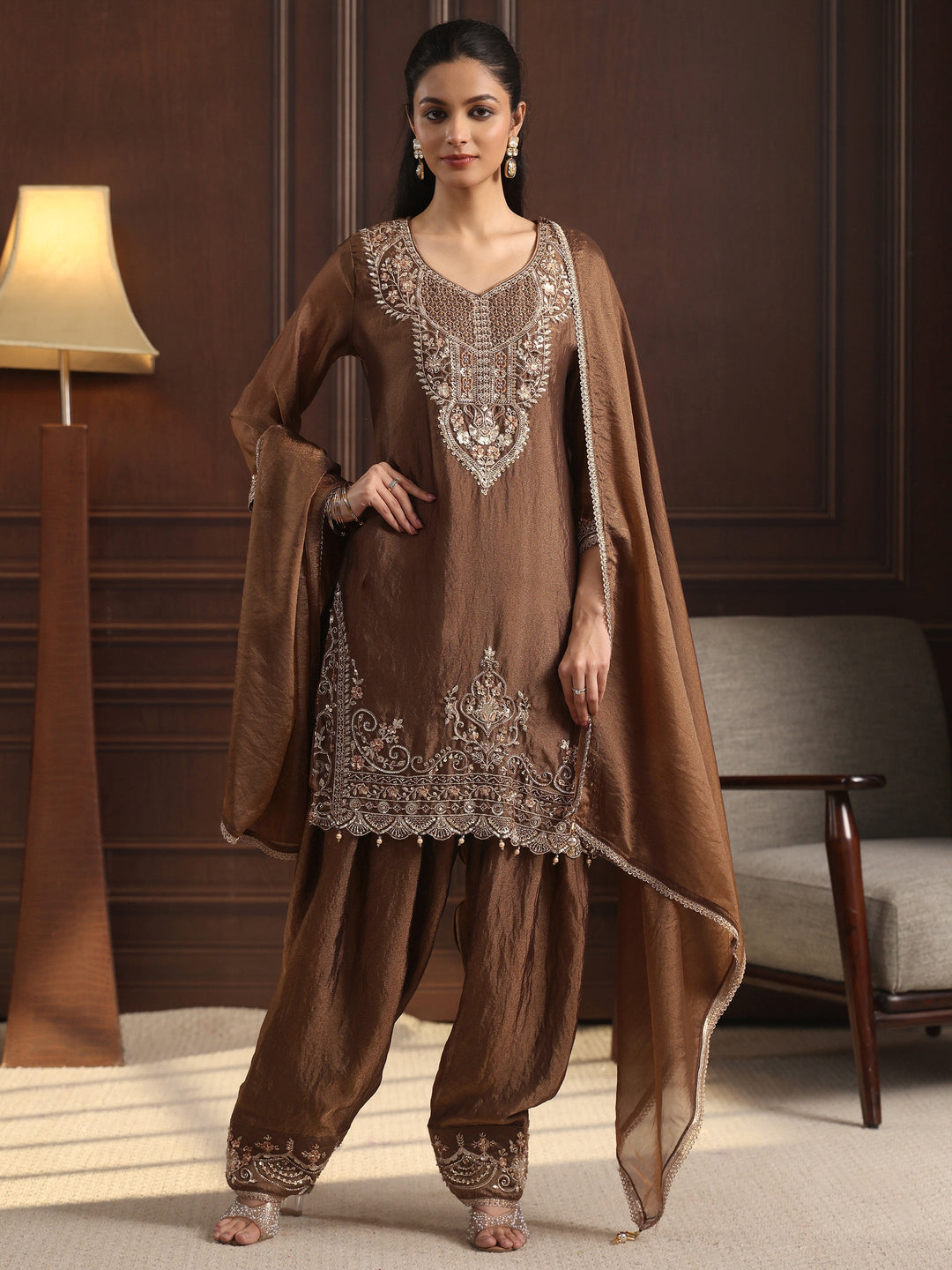  Libas Art Olive Green Floral Embellished Tissue Farshi Salwar Suit 