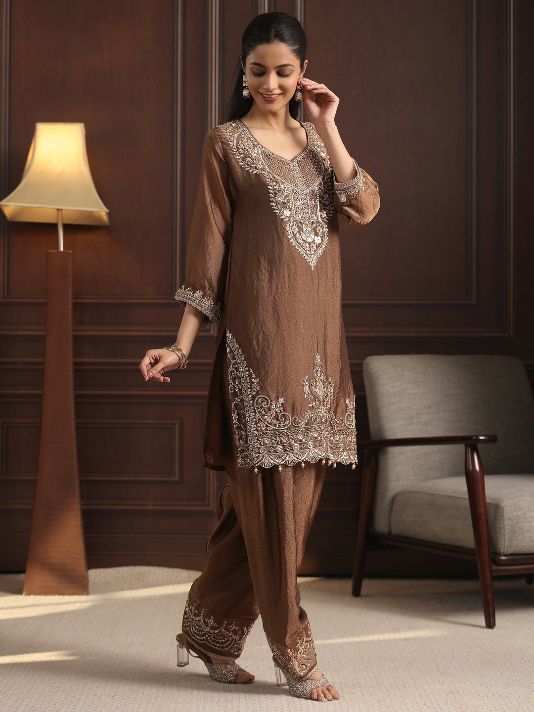  Libas Art Olive Green Floral Embellished Tissue Farshi Salwar Suit 