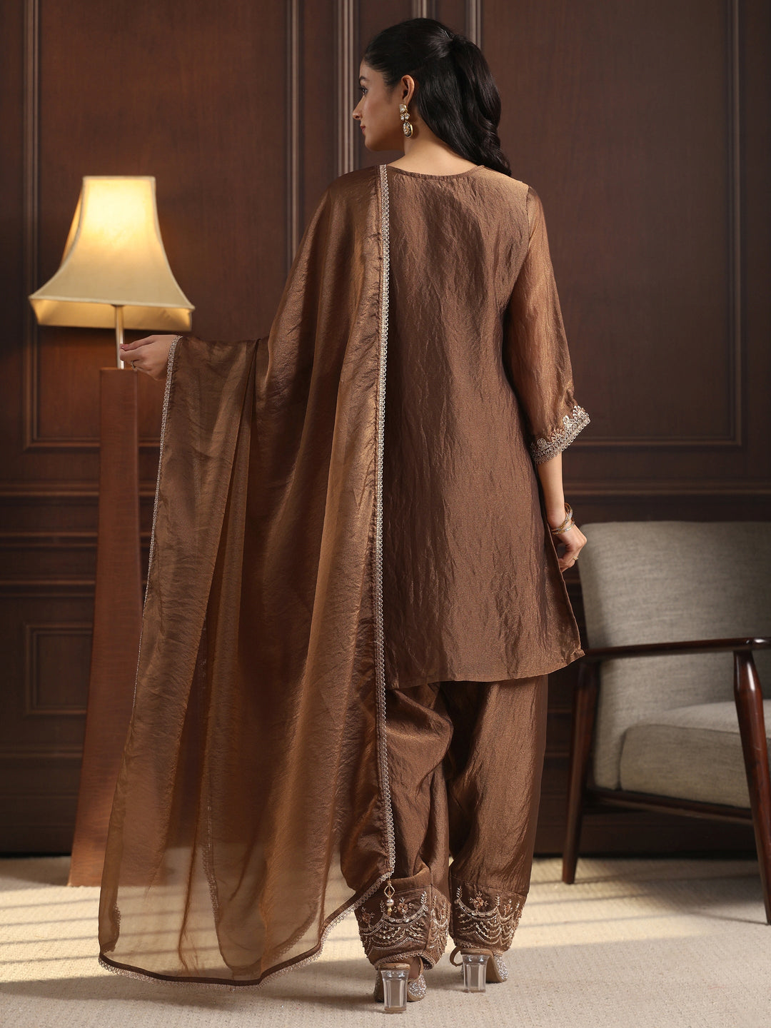  Libas Art Olive Green Floral Embellished Tissue Farshi Salwar Suit 