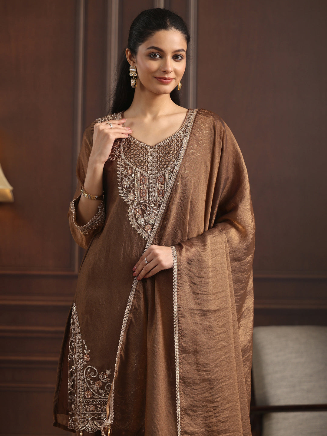  Libas Art Olive Green Floral Embellished Tissue Farshi Salwar Suit 