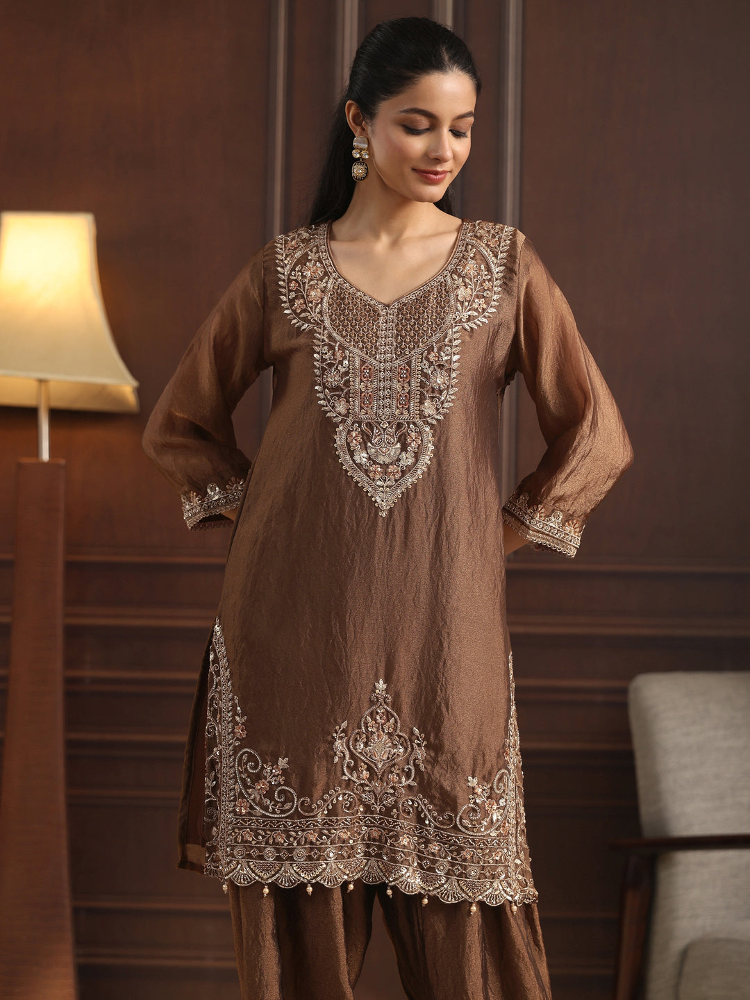  Libas Art Olive Green Floral Embellished Tissue Farshi Salwar Suit 