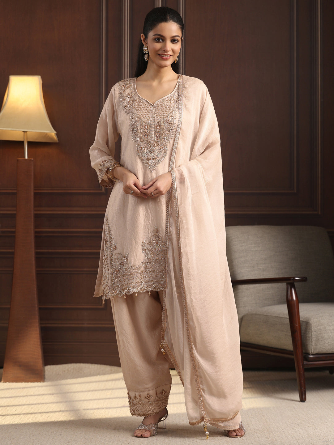  Libas Art Cream Floral Embellished Tissue Farshi Salwar Suit 