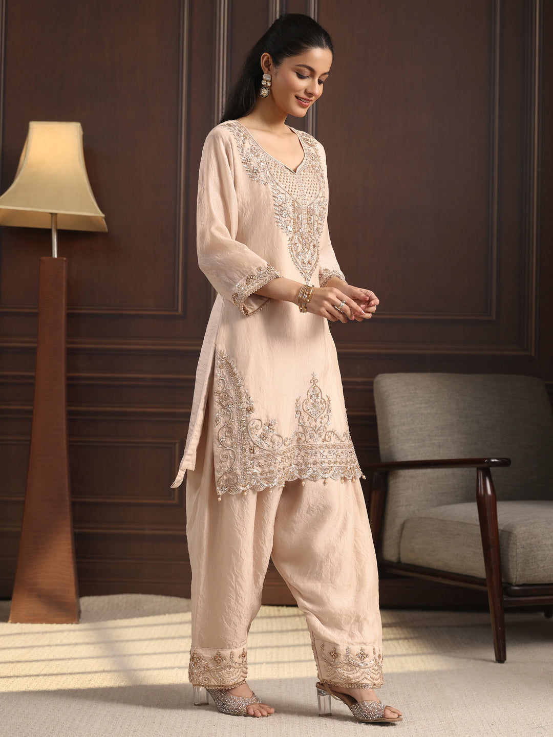  Libas Art Cream Floral Embellished Tissue Farshi Salwar Suit 