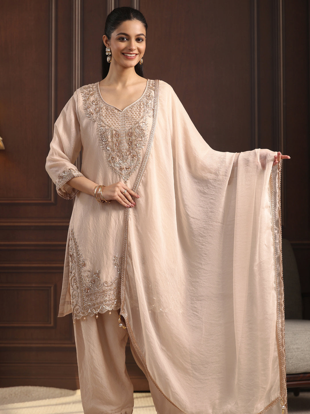  Libas Art Cream Floral Embellished Tissue Farshi Salwar Suit 