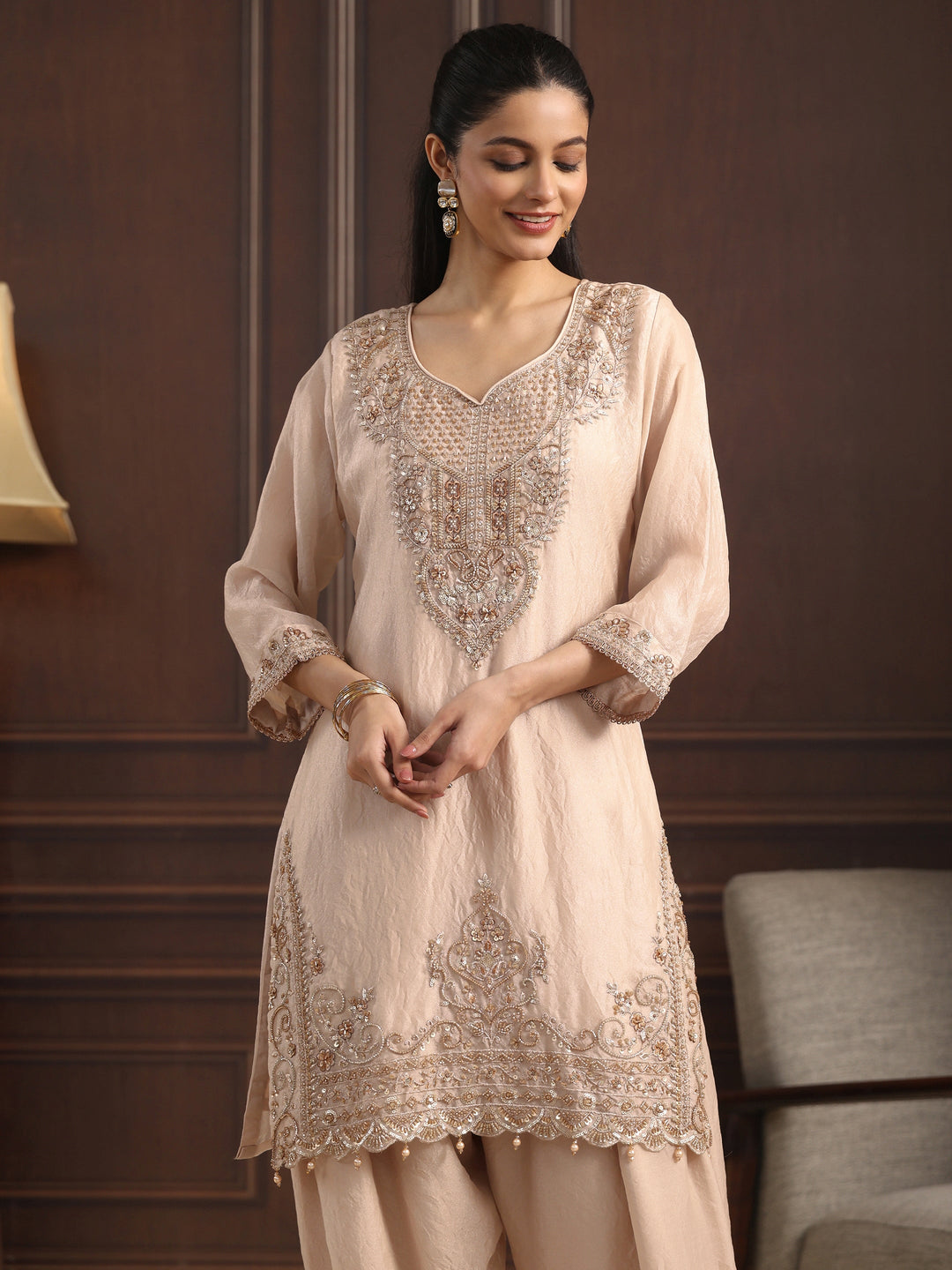  Libas Art Cream Floral Embellished Tissue Farshi Salwar Suit 