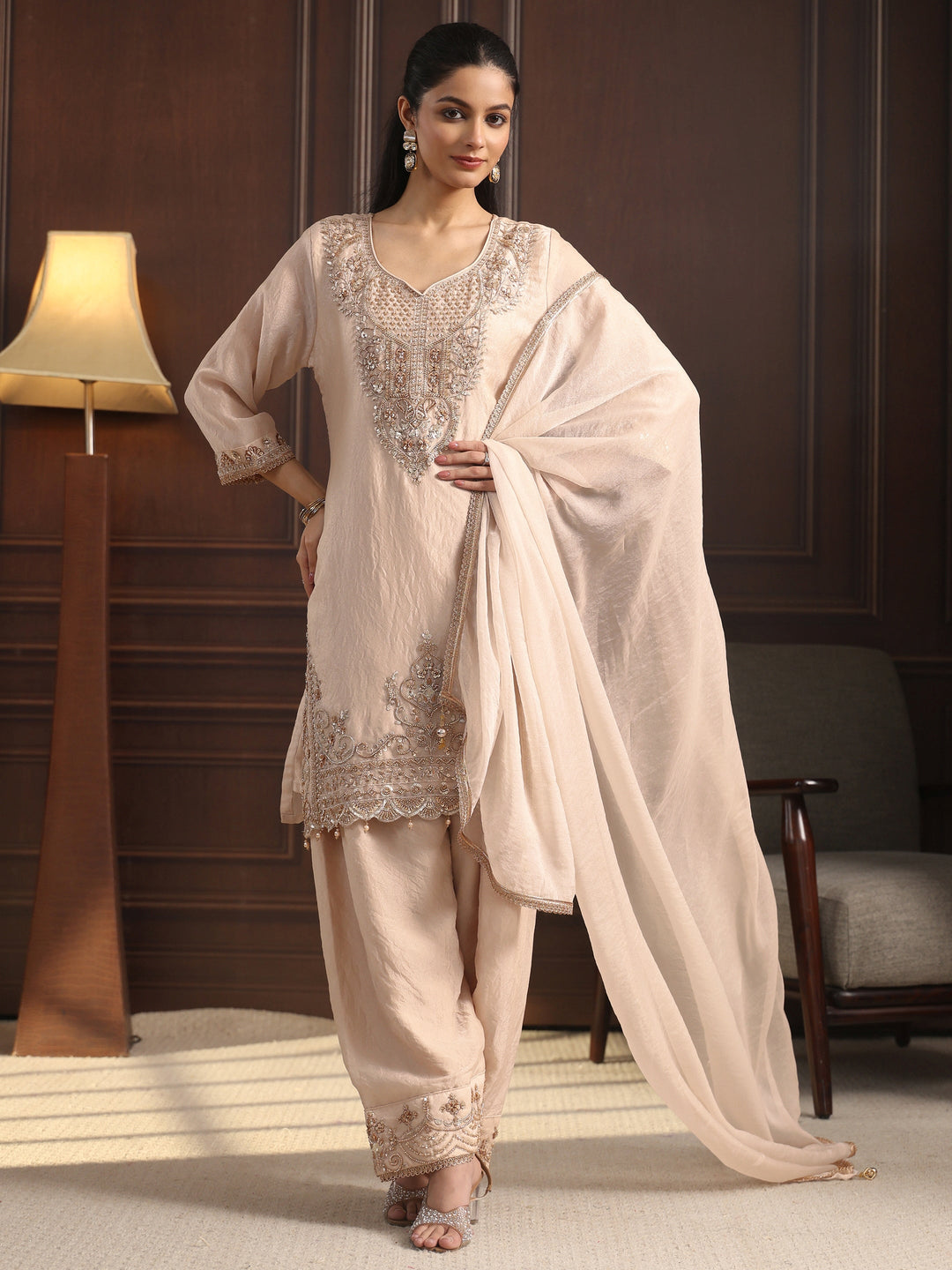  Libas Art Cream Floral Embellished Tissue Farshi Salwar Suit 