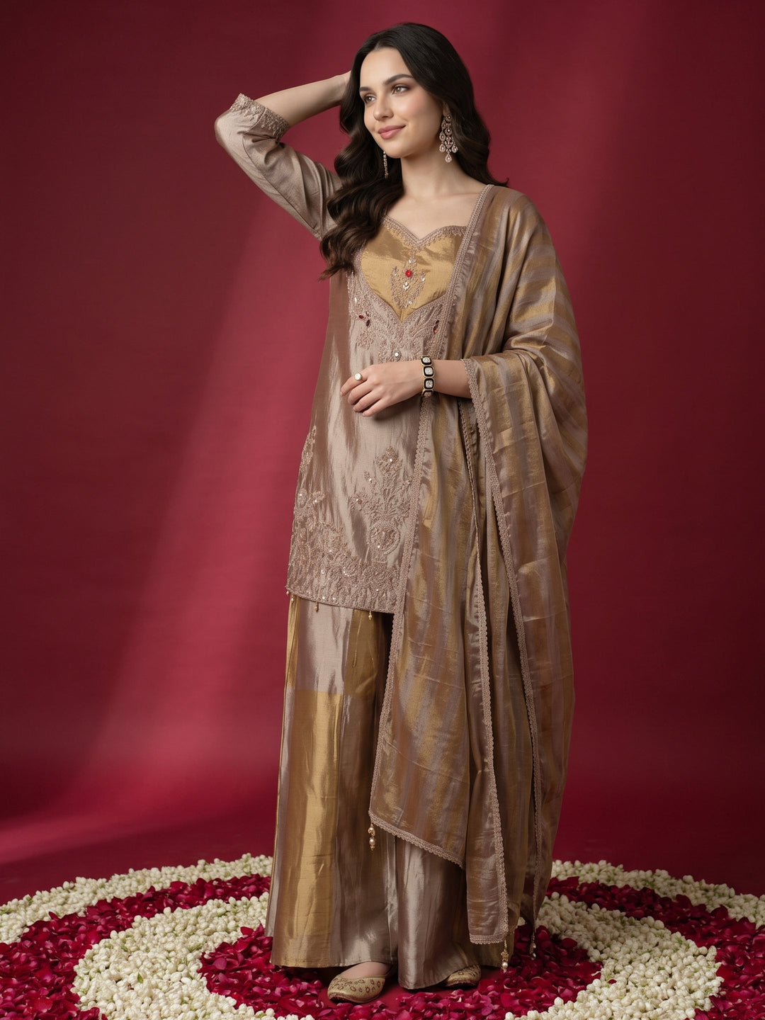  Libas Pink Yoke Design Embellished Tissue Farshi Salwar Suit 