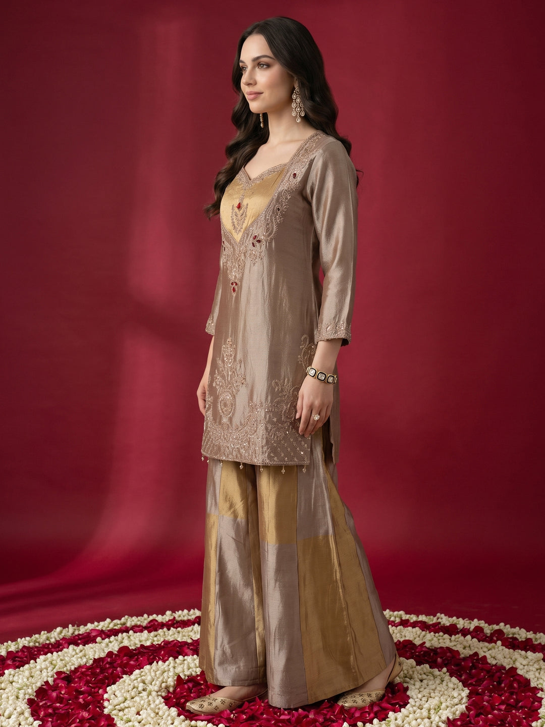  Libas Pink Yoke Design Embellished Tissue Farshi Salwar Suit 
