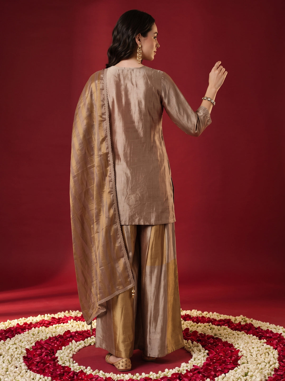  Libas Pink Yoke Design Embellished Tissue Farshi Salwar Suit 