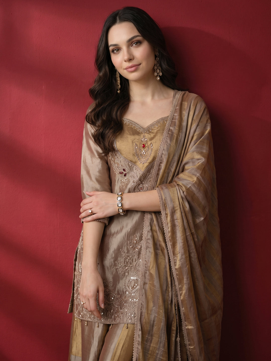  Libas Pink Yoke Design Embellished Tissue Farshi Salwar Suit 