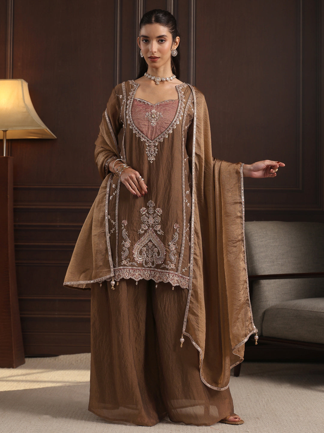  Libas  Brown Embellished Tissue Palazzo Suit Set 