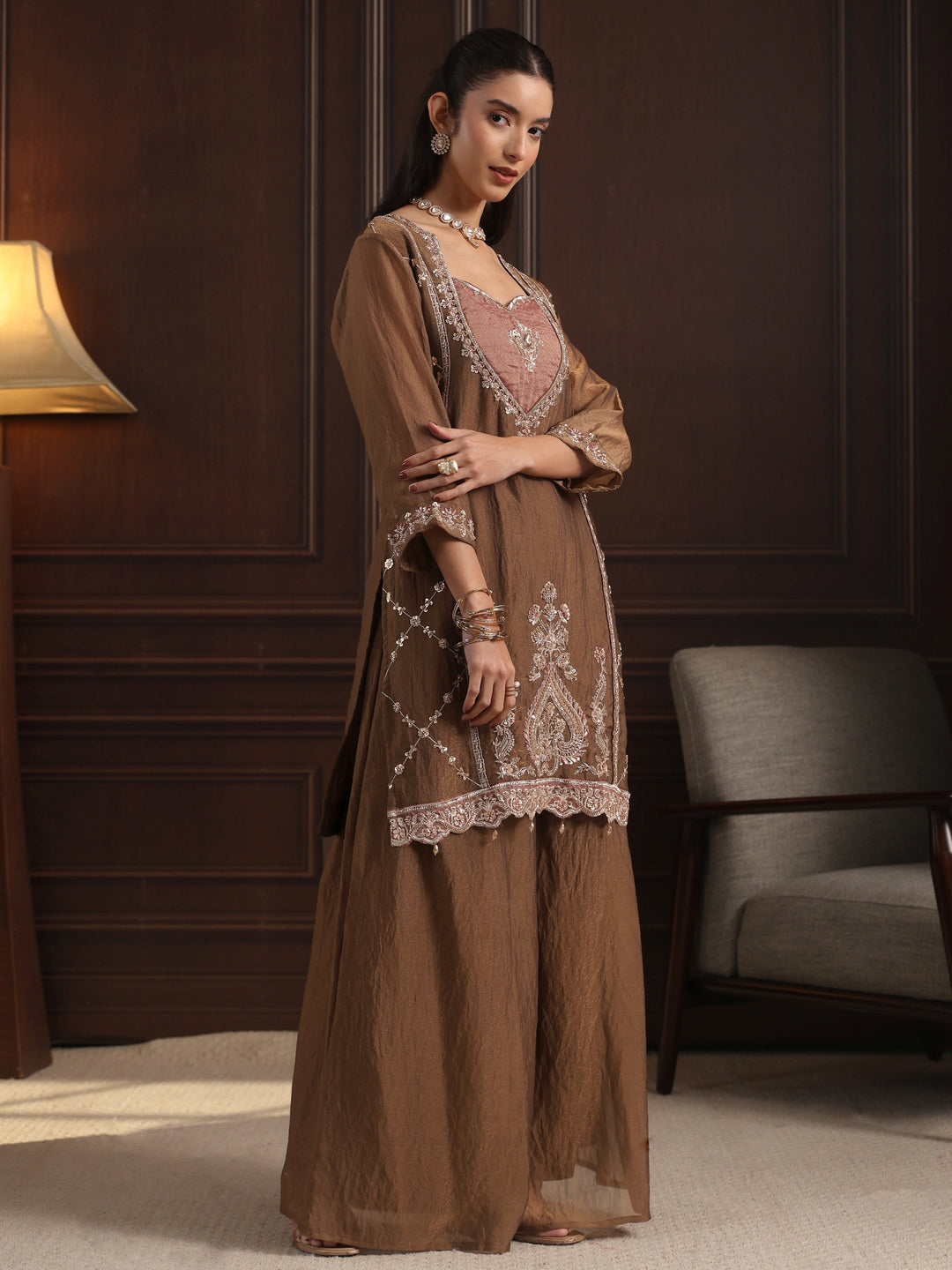  Libas  Brown Embellished Tissue Palazzo Suit Set 