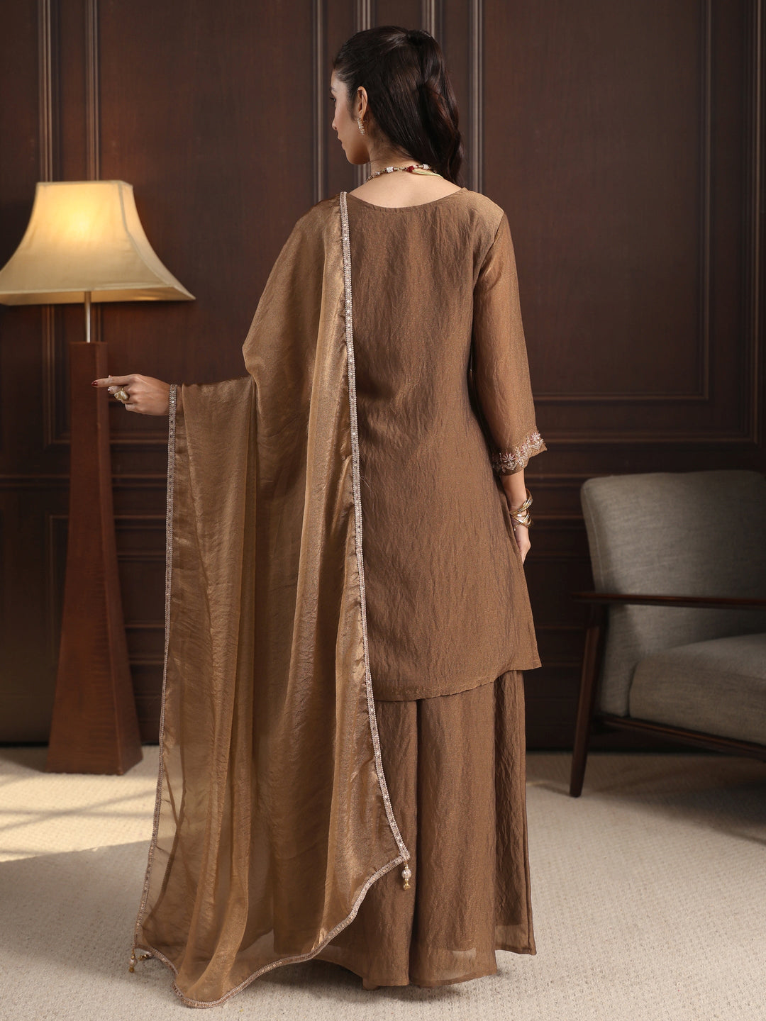  Libas  Brown Embellished Tissue Palazzo Suit Set 