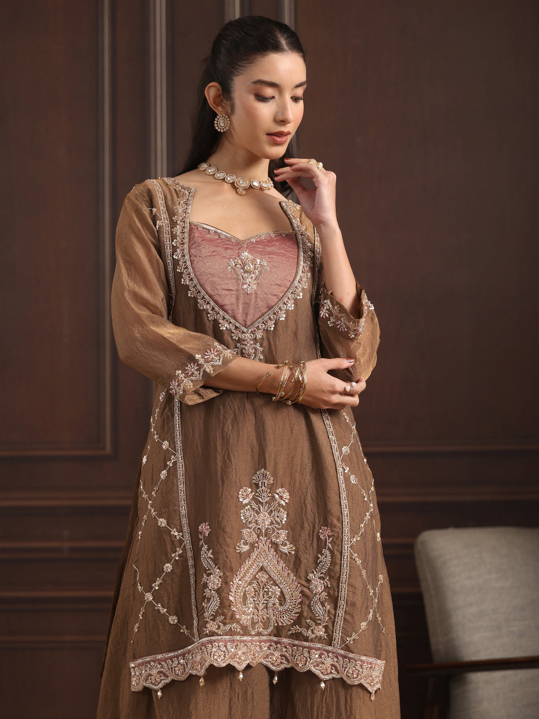  Libas  Brown Embellished Tissue Palazzo Suit Set 