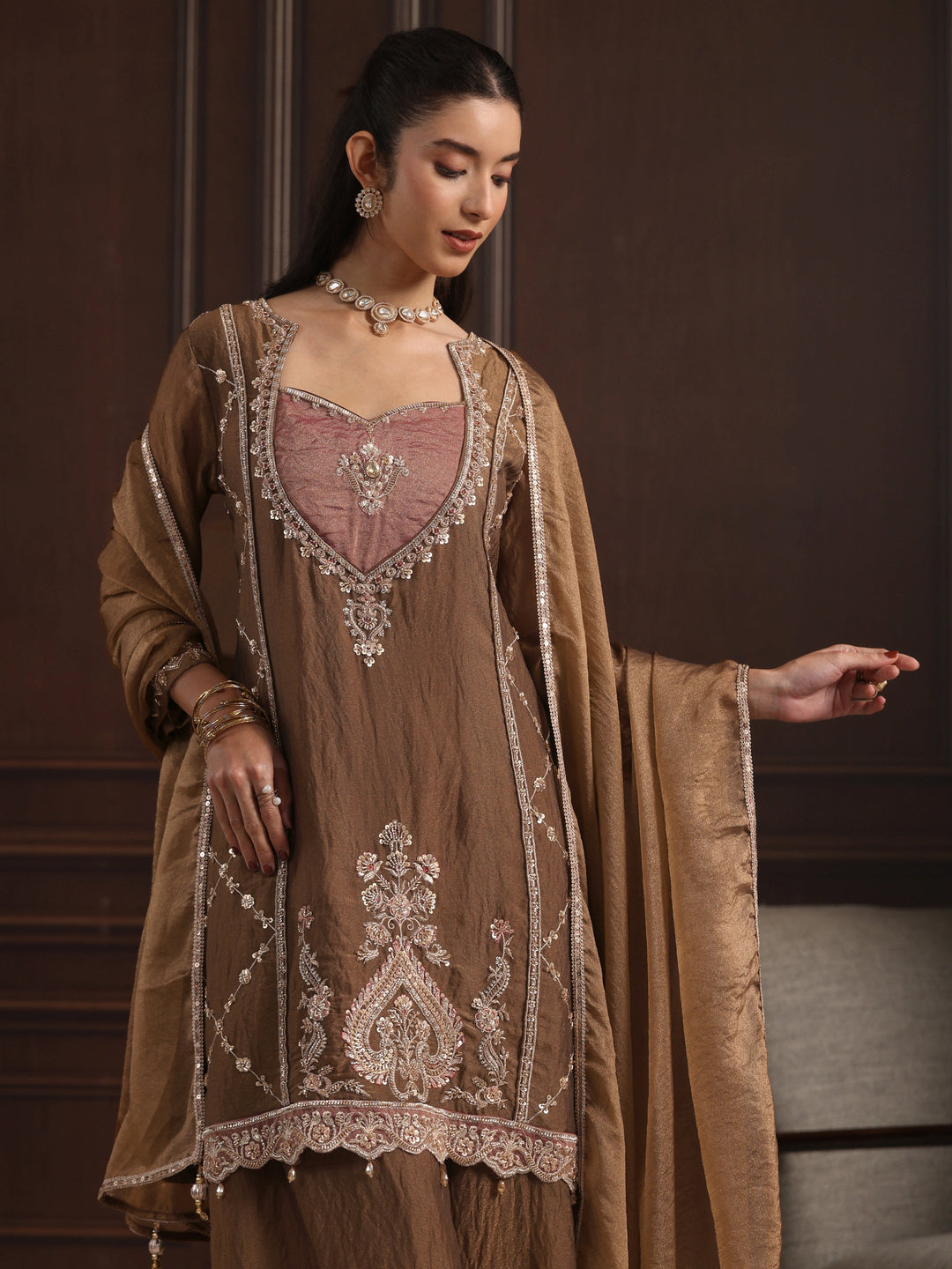  Libas  Brown Embellished Tissue Palazzo Suit Set 