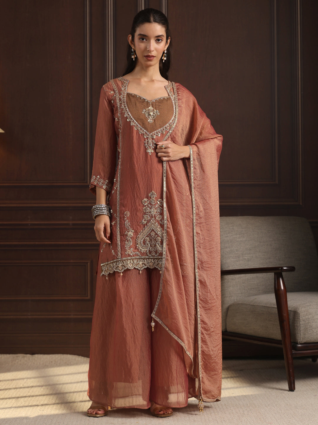  Libas  Rust Brown Embellished Tissue Palazzo Suit Set 