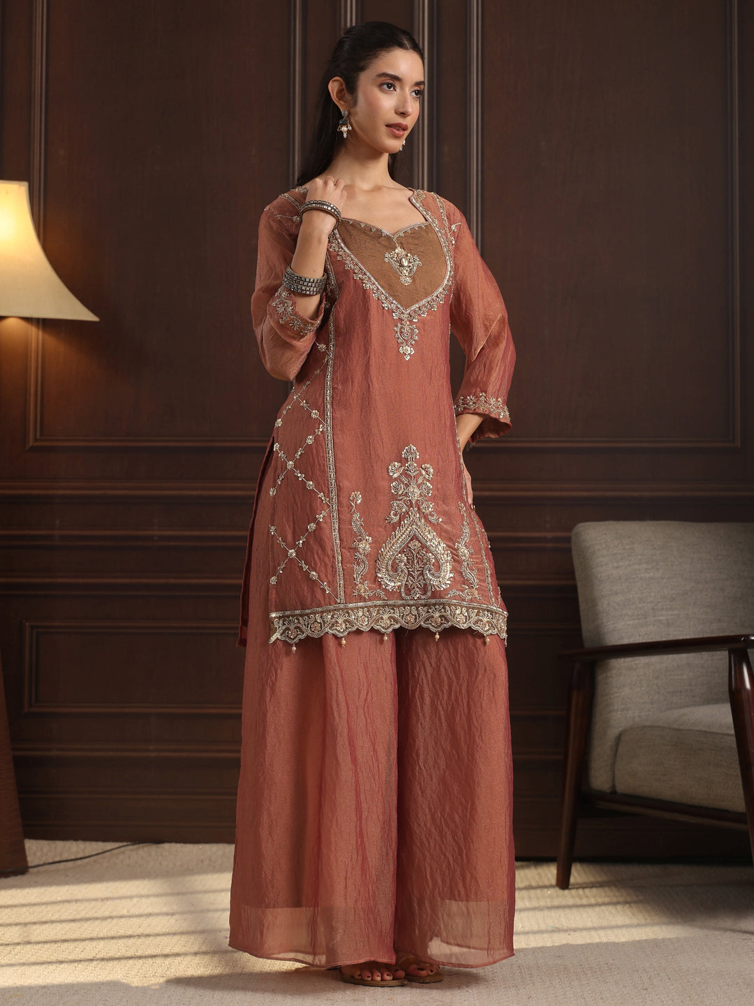  Libas  Rust Brown Embellished Tissue Palazzo Suit Set 