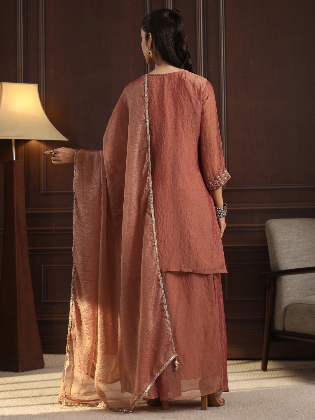  Libas  Rust Brown Embellished Tissue Palazzo Suit Set 