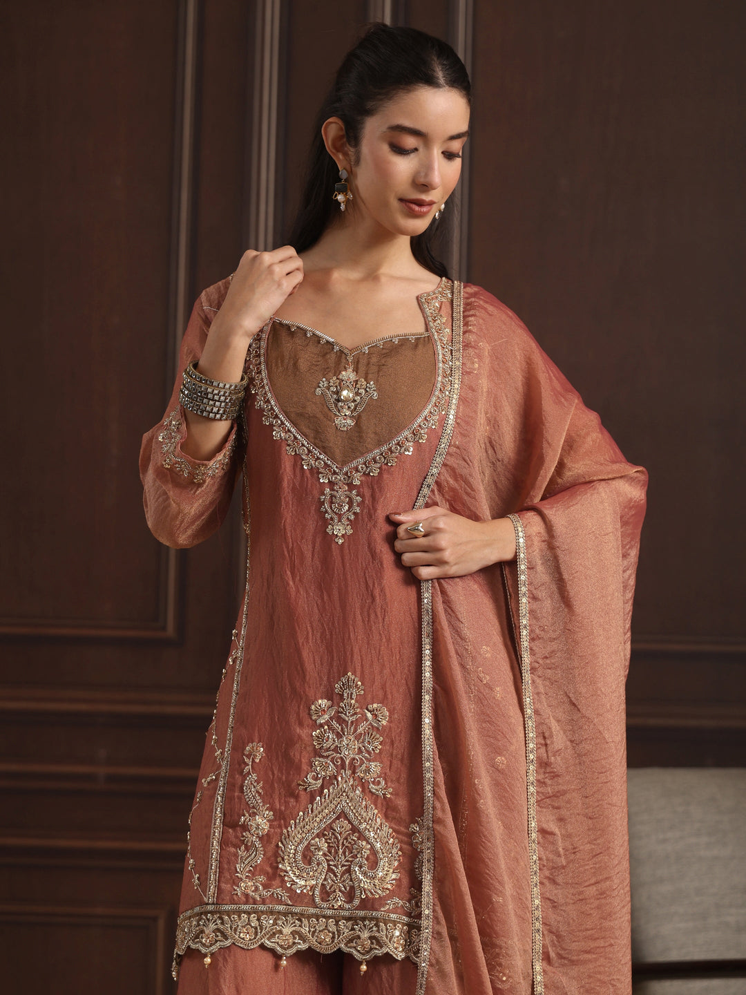  Libas  Rust Brown Embellished Tissue Palazzo Suit Set 