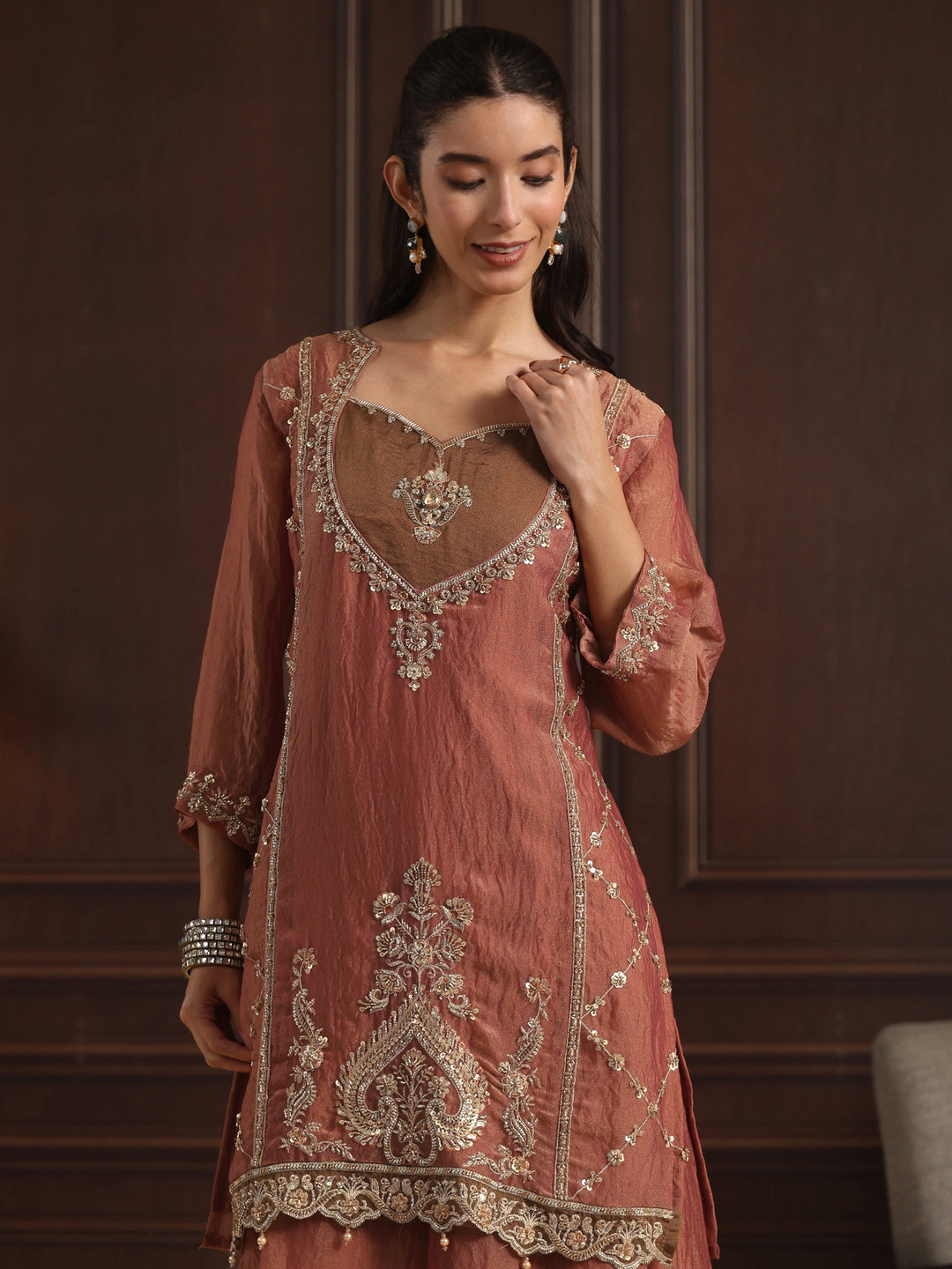  Libas  Rust Brown Embellished Tissue Palazzo Suit Set 