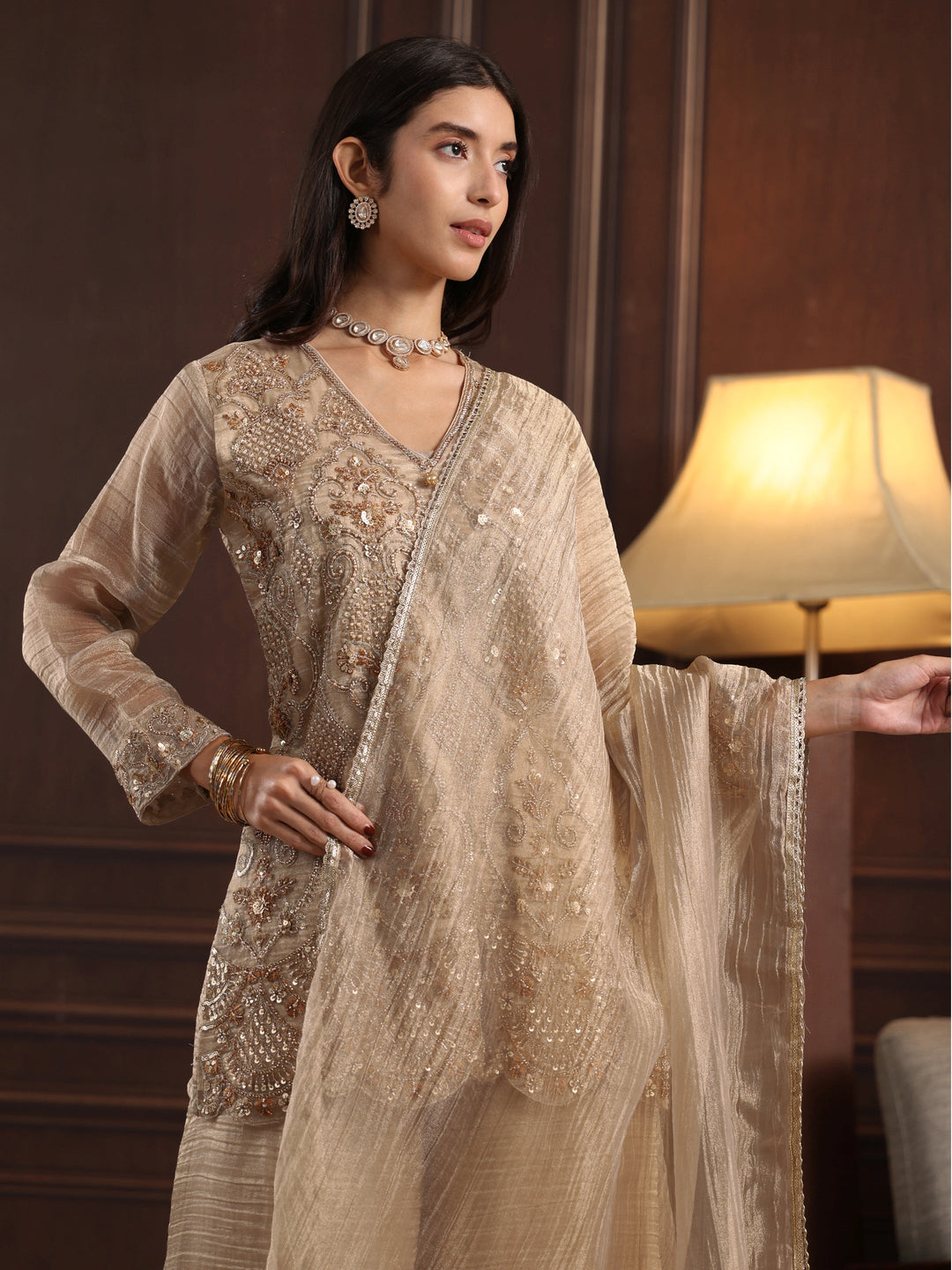  Libas Art Cream Floral Embellished Tissue Palazzo Suit Set 