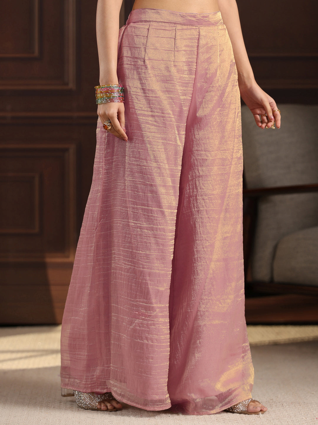  Libas Art Pink Floral Embellished Tissue Palazzo Suit Set 