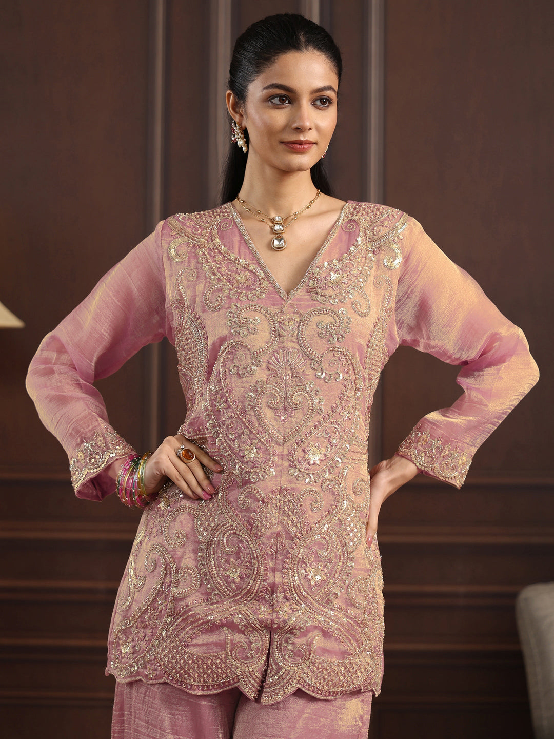  Libas Art Pink Floral Embellished Tissue Palazzo Suit Set 