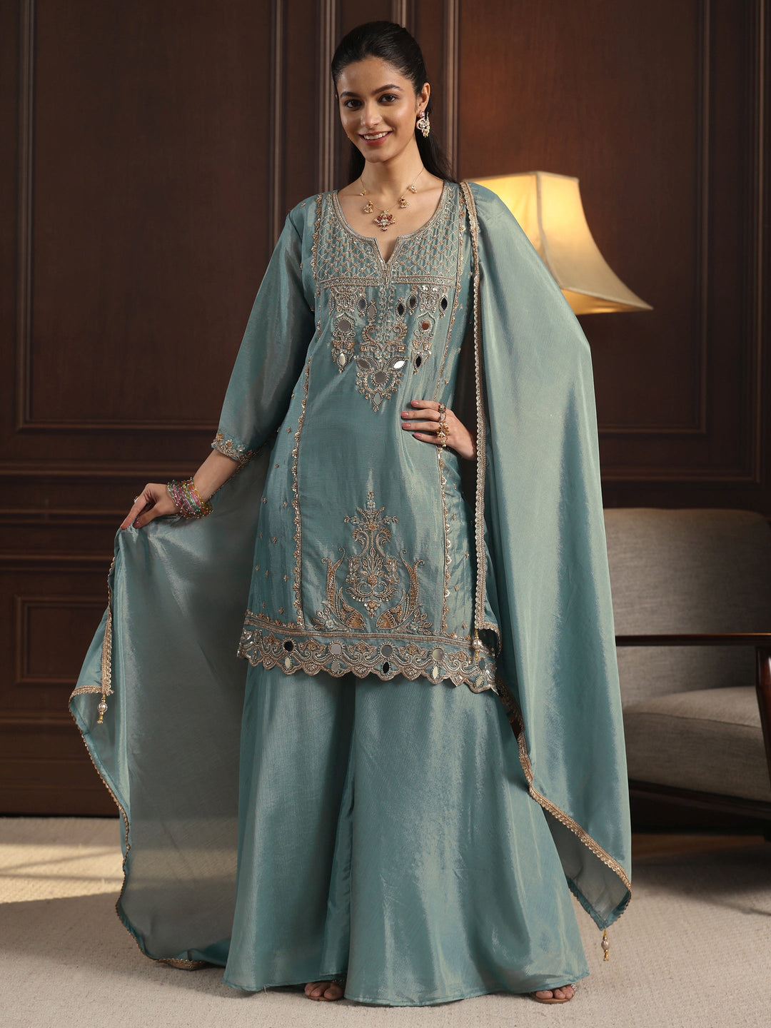  Libas  Blue Floral Embroidered Chinon Sharara Suit Set 